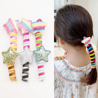1pc Linha Telefônica Infantil Novo Estilo Linha Telefônica para Crianças Anel de Cabelo Cebola Cor-de-Rosa Cinco pontas Estrela Cor-de-Rosa Alta Elástica Trançado Corda de Cabelo Corda de Cabeça de Cauda de Pôneixo Alto Corda de Cabelo Gravata