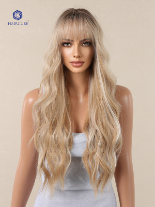 28 Polegadas Perucas Sintéticas Resistentes Ao Calor Marrons Com Gradiente De Ouro Long Natural Wave Fluffy Bangs Cabelos De Fibra Química Devem-Have Hairstyles Para Uma Data Romântica