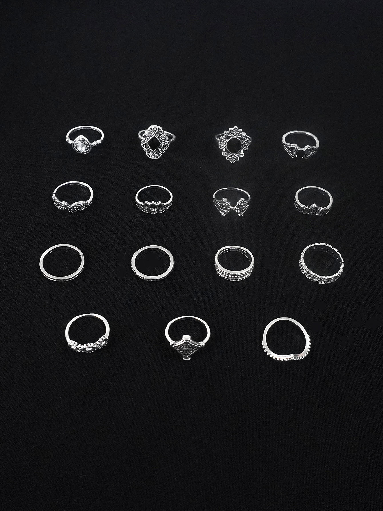 Um Conjunto Anel de Lótus Retro Lótus Prata Preto Gemstone Conjunto de 15 peças