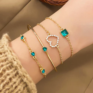 Pulseira Coração de Amor Esmeralda em Forma de Gota de Moda Pulseira Coração de Amor Conjunto de 4 peças