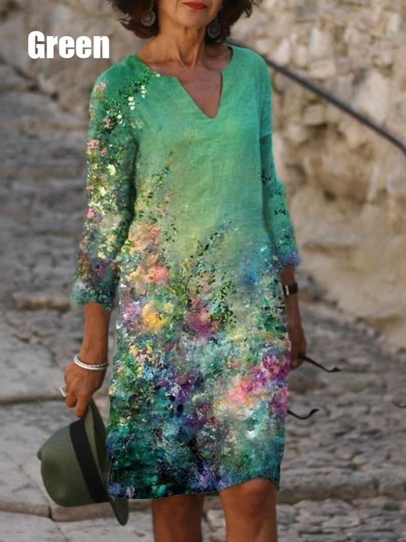 Moda Feminina Casual de Verão Casual Impresso em v com meia manga em linha de manga em v Vestido Retro Solto Feminino