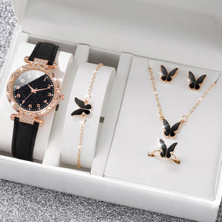 Elegante Simulado Zircão Dial Pulseira De Couro Relógio De Quartzo Borboleta Conjunto De Jóias Para Mulheres Uso Diário em Oferta na Shopee