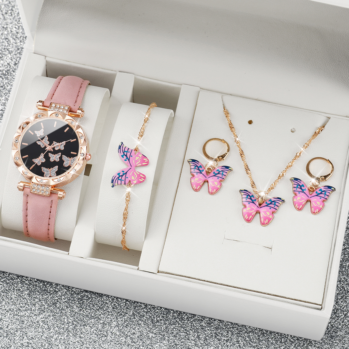 Relógio de Quartzo Ladies Belt Fashion Diamond Butterfly Dial Butterfly + Conjunto de Jóias Butterfly