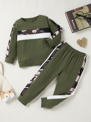 Meninos Camuflagem Verde Pullover Sweatshirt de manga comprida de outono Calças de manga comprida Fato esportivo