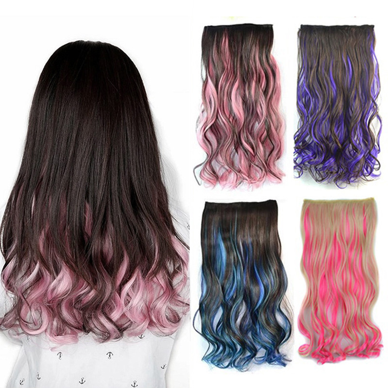 Cabelo Encaracolado Longo 5 Clip Na Extensão Do Sintético De Alta Temperatura Marrom Misto Verde/Azul/Rosa/Vermelho