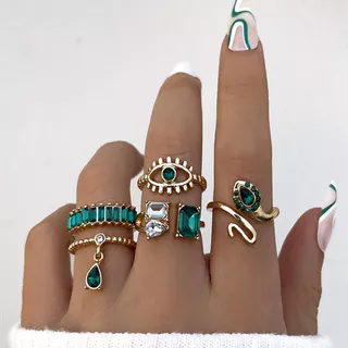 Conjunto de 5 peças Conjunto de Anel para Senhoras Rhinestone Snake Devil's Eye Drop Water Drop