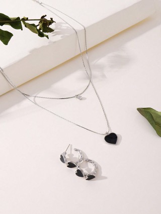 2 Peças Elegante Espadas de Liga Elegante Colar Pingente de Dupla Camada Sweetheart e Brincos Conjunto de Jóias Presente de Namoro Feminino