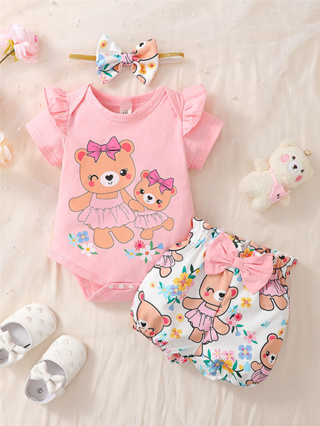 3-24 Meses Baby Girl Suit Short Sleeve Pink Cute Bear Print Romper Shorts e Headband Fato de três peças Baby Summer Fashion Casual Clothing