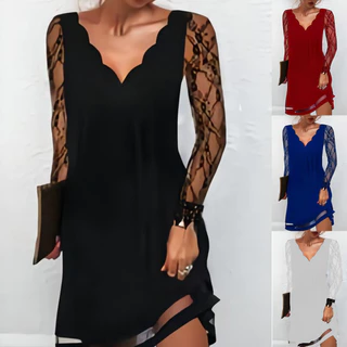 Onda V-Neck Lace V-Neck Lace Long-Sleeved Hollow Ladies Saia Longa Costura Cor Sólida