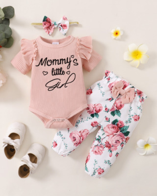 0-18 Meses Fato de Bebê Fato de Bebê Moda Fato de Bebê de Manga Curta Bordado Rosa Calça Floral e Fita de Cabeça Fato de Três Peças Roupa Casual de Verão para Menina