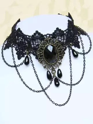 1 Pcs Mulher Gótico De Renda Preta Zircon Festa De Colar De Borlas Curtas