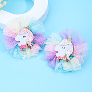 2pcs Desenho Animado Unicórnio Clipes De Cabelo Decorativos Arco-Íris Colorido Acessórios Tule Presente De Férias Para Meninas Bebês