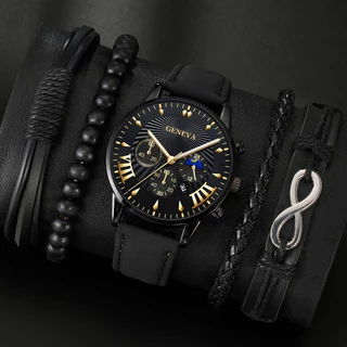 1 Relógio de Quartzo com Cinto de Calendário de Moda Masculina + 4 Pulseiras Únicas