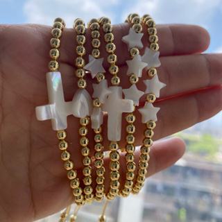 1 Pacote Natural Shell Cross Star Love Ladies Estilo Simples de Cobre com Contas de Ouro Pulseira