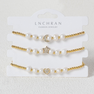 1 Pacote Micro Diamond-Set Moon Cinco Pontas Estrela do Amor Pérola Natural Ladies Fashion Style Gold-Plated Bracelet