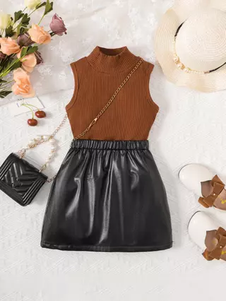 2-7 Anos Roupas Para Meninas Moda Infantil Festa De Aniversário Clotrhing Set Camiseta Sem Mangas Sólida Saia PU 2PCS Traje De Verão