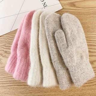 1 Par Luvas De Pêlo De Coelho De Dupla Camada Feminino De Inverno Versão Coreana De Cor Sólida Todos Os Dedos Femininas Mittens