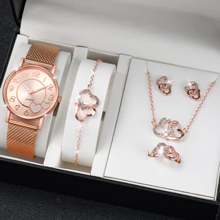 Relógio de Quartzo Ladies Fashion Love Plastic Strap + Conjunto de Jóias do Amor Diamante