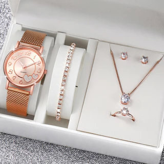 Relógio de Quartzo Ladies Fashion Plastic Strap Love Quartz + Conjunto de Jóias de Diamante