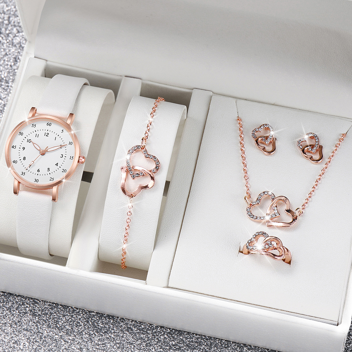 Relógio de pulso de quartzo Fashion Belt Ladies Watch + Conjunto de jóias Diamond Heart Jewelry