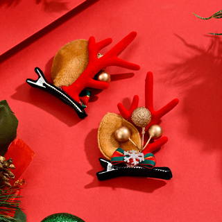 1 Conjunto de Pares Clip de Natal Clip de Natal Clip de Natal Giro Chifres de Alce de Alce de Pelúcia Clip Lateral de Floco de Neve Acessórios de Cabelo em Laço Adequado para Festa de Natal