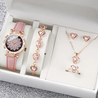 Relógio de Moda Diamante Flor de Quartzo Relógio de Pulso de Senhoras + Conjunto de Jóias de Diamante