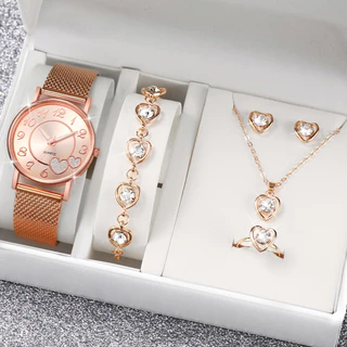 Relógio de pulso de quartzo com pulseira de plástico Ladies Fashion Love Watch + Conjunto de jóias com coração de diamante