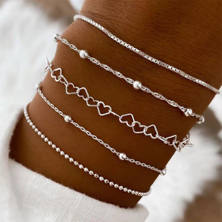 5 Peças de Moda Européia Americana com Contas de Moda Européia Hip-Hop Cadeia de Contas Simples Pulseira com Corrente de Amor Pulseira Adequada para o Uso Diário Feminino