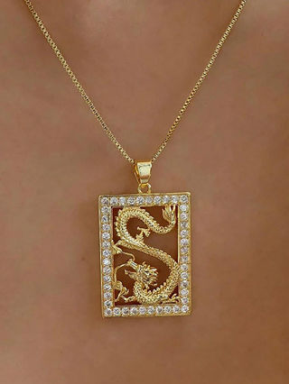 1 Pedaço De Zircônia Exagerada Esqueleto Geométrico Quadrado Zodiac Dragon Pendant Colar Para Mulher Presente De Aniversário Diário