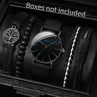 Relógio de Quartzo com Pulseira de Nylon Masculino de Genebra + Pulseira de Couro
