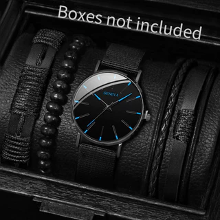 Nylon Masculino de Genebra com Relógio de Quartzo + Conjunto de Pulseiras de Couro