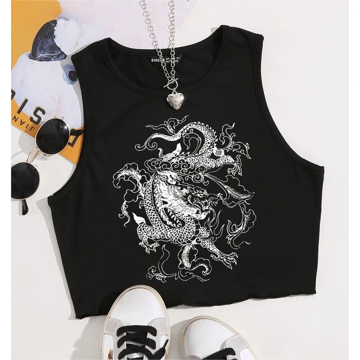 Moda Tendência Carta Padrão Padrão Padrão Colete Curto Mulher Street Slim Sweet Cool Manga Curta Summer Black