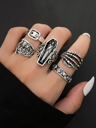 Novo Punk Style Retro Skull Leaf Retro Skull Leaf Ring Conjunto de 6 peças Conjunto de Jóias de Halloween