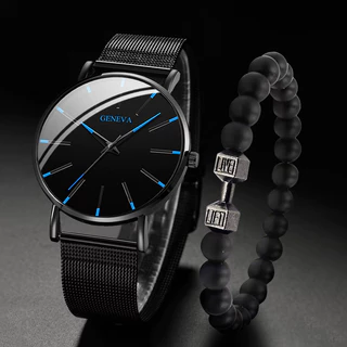 Relógio de Genebra Moda Masculina de Genebra Malha Ultra Fina com Pulseira de Quartzo +Bead