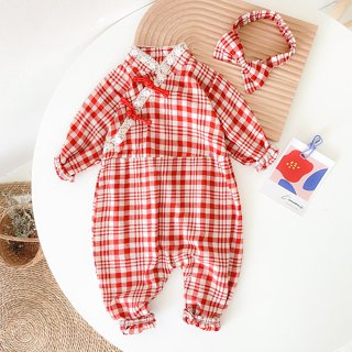 Primavera Outono Baby Girls Manga Comprida Rompers De Jumpsuits De Bebê Roupas De Algodão Com Fita De Cabeça