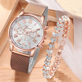 Relógio de pulso de quartzo com pulseira de quartzo + Pulseira de coração de diamante completa de Genebra