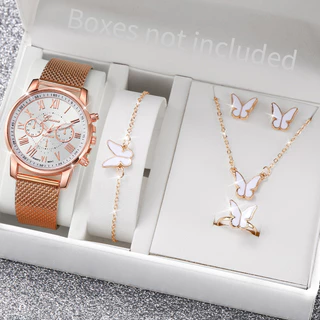 Relógio de pulso de quartzo com pulseira plástica de Genebra + Conjunto de jóias borboleta (sem caixa)