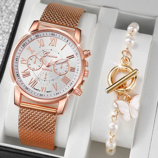 Relógio de Genebra Moda Moda Romana Relógio de Senhoras Relógio de Pulseira de Quartzo + Pulseira de Borboleta Pérola (Sem Caixa)