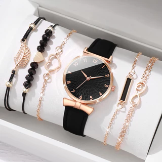 Relógio de Pulso de Quartzo Ladies Watch Fashion Belt +Love Leaf Leaf Bracelet Set (Sem Caixa)