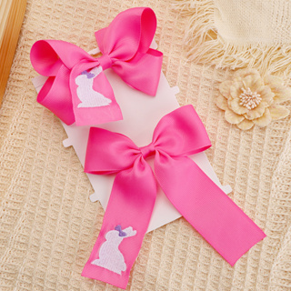 2Pcs Grosgrain Ribbon Bow Hairpins Com Boutique Bordada Em Forma De Coelho