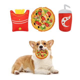 Batatas fritas Cola Pizza forma brinquedo de pelúcia para cães contém papel sonoro BB latindo resistente à mordida Molar