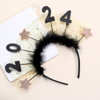 2024 Fita De Ano Novo Plush Pom Hair Hoop Com Estrelas Flaring Para Festa