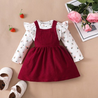 Conjunto De Roupas Para Meninas Toddler Baby Girl 0-18 Meses NewYear Ruffle Flower Long Sleeves Bodysuit + Saia De Fita De Veludo Vermelho 2PCS Moda Infantil Menina Diária Fantasias De Festa De Aniversário