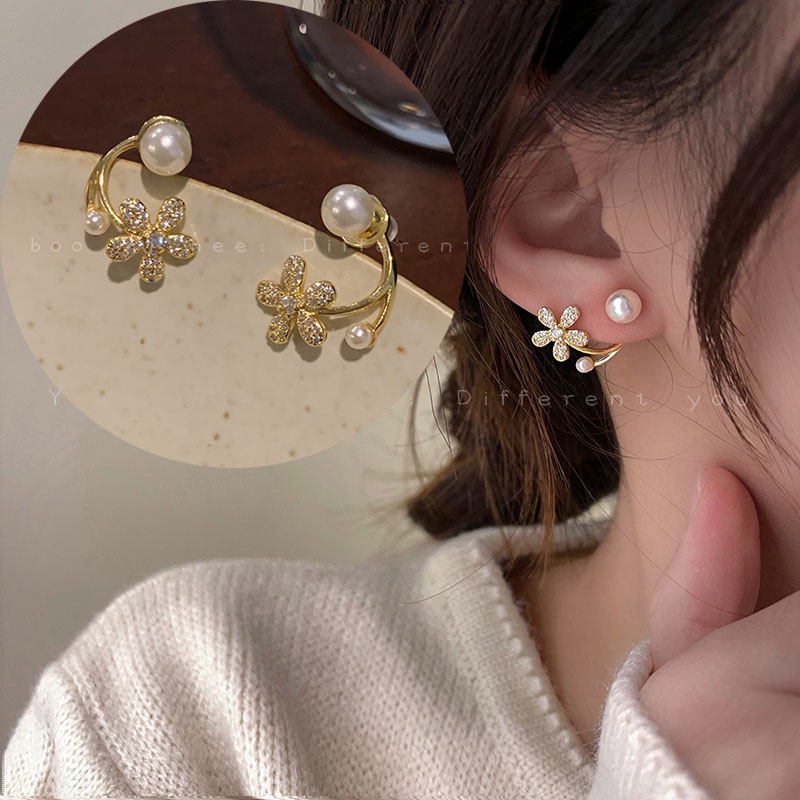 Brincos Coreanos Fashion Pearl Flower Trendy Light Luxury Highend Acessórios Pequenos Stud Para Mulheres