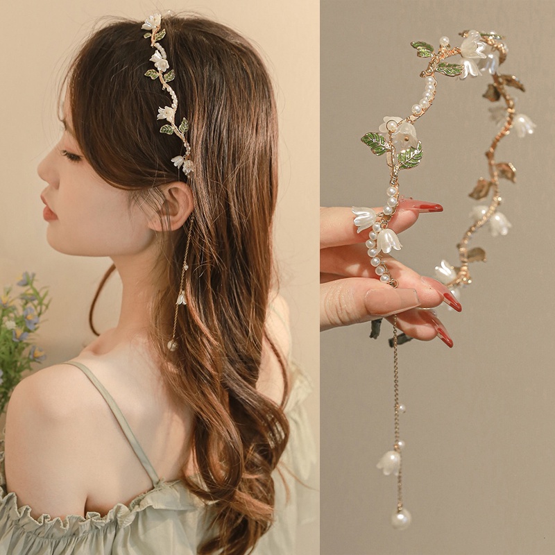 Fashion Alloy Pearl Flower Headband Tassel Headband Acessórios para Cabelo Feminino