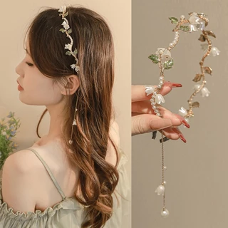 Fashion Alloy Pearl Flower Headband Tassel Headband Acessórios para Cabelo Feminino