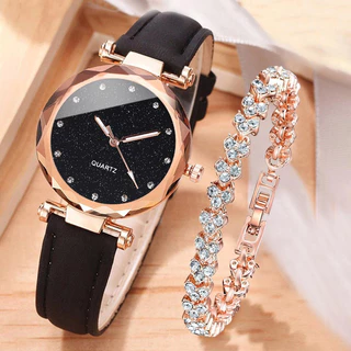 Relógio Mulher Moda Moda Diamante Discador Mulher Pulseira de Couro Pulseira de Quartzo Pulseira de Coração de Diamante Completo
