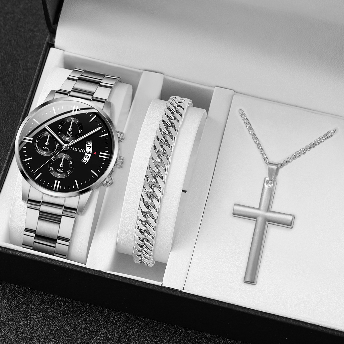 Homens Relógio de Negócios Relógio de Moda Faixa de Aço Calendário de Quartzo Relógio de Corrente de Prata +Cross Necklace