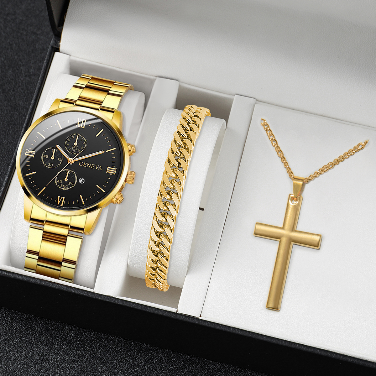 Relógio de pulso masculino de Genebra Pulseira de Negócios Relógio de pulso de Genebra Pulseira de Moda Faixa de Aço Calendário de Quartzo Pulseira de Corrente de Ouro +Cross Necklace