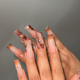 24 Peças Mármore Cinza Longo Quadrado Mármore Cinza Design Pregos de Dedo Adequados para Uso Diário 1 Peça Lima de Unhas 1 Peça Cola Gelatinosa 1 Peça